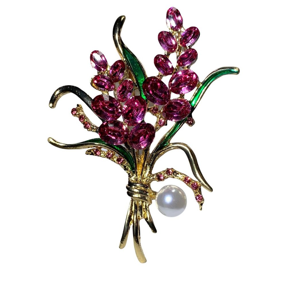 Pink Floral Brooch/Pendant Pink Rhinestones, Green Enamel Pearl